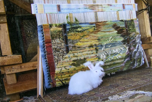 California Rug on the loom with cartoon.